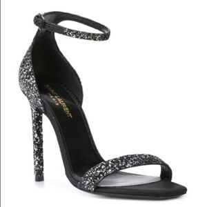YSL Amber Glitter Ankle Strap Sandal In Black